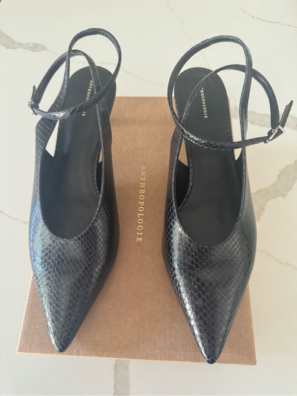 Anthropologie Black Snake-Embossed Pointed Slingback Heels